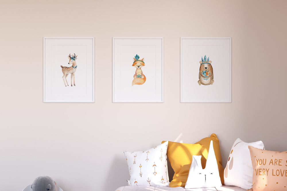 SET OF 3 Boho Woodland Animals Prints | Bear Doe Fox Watercolours Bohemian Bedroom Print Kids Children Nursery Gift Art Wall