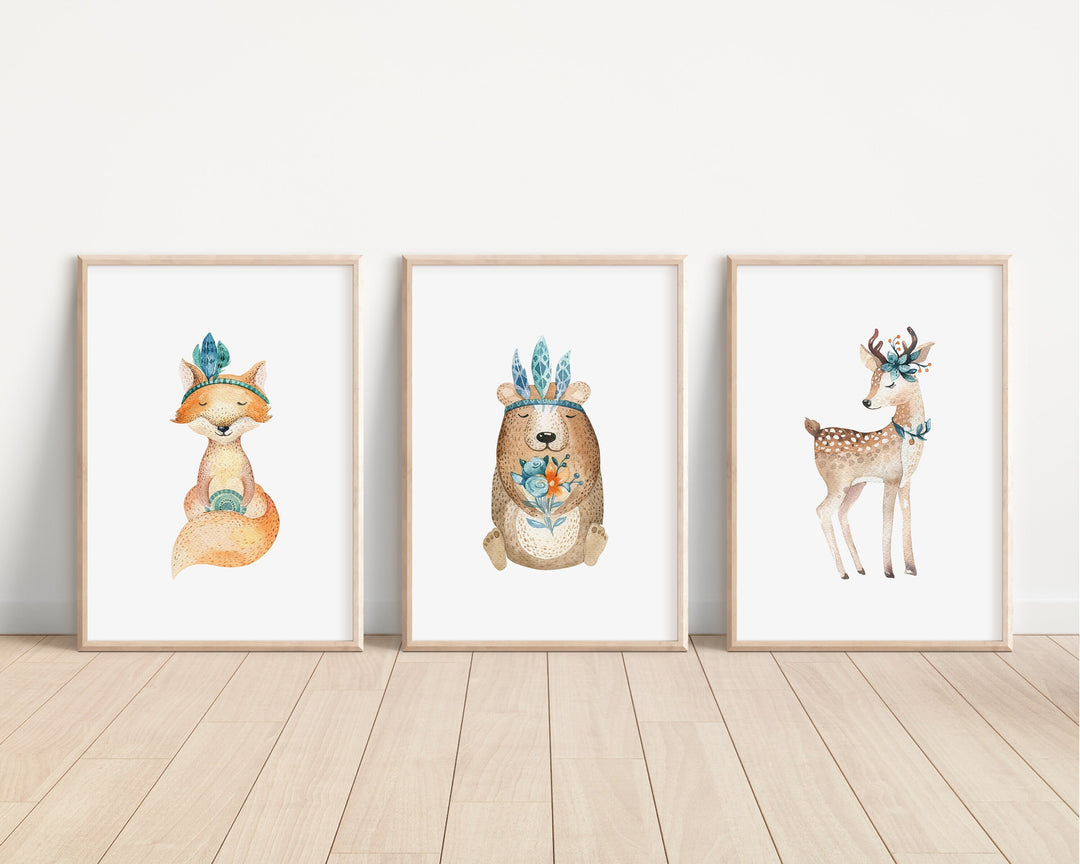 SET OF 3 Boho Woodland Animals Prints | Bear Doe Fox Watercolours Bohemian Bedroom Print Kids Children Nursery Gift Art Wall