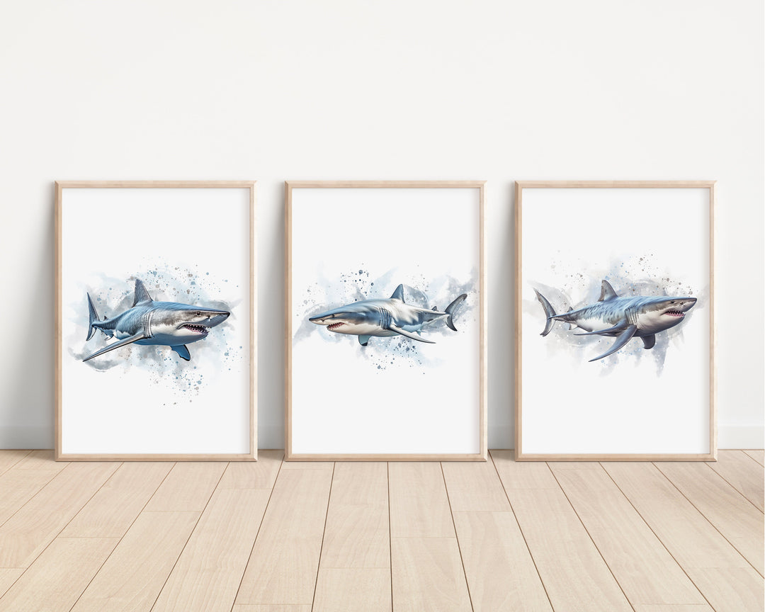 Shark Prints | Great White Bull Tiger Sharks | Watercolour Marine Ocean Life Fish Bedroom Artwork | Kids Nursery Decor Wall Art Newborn Gift