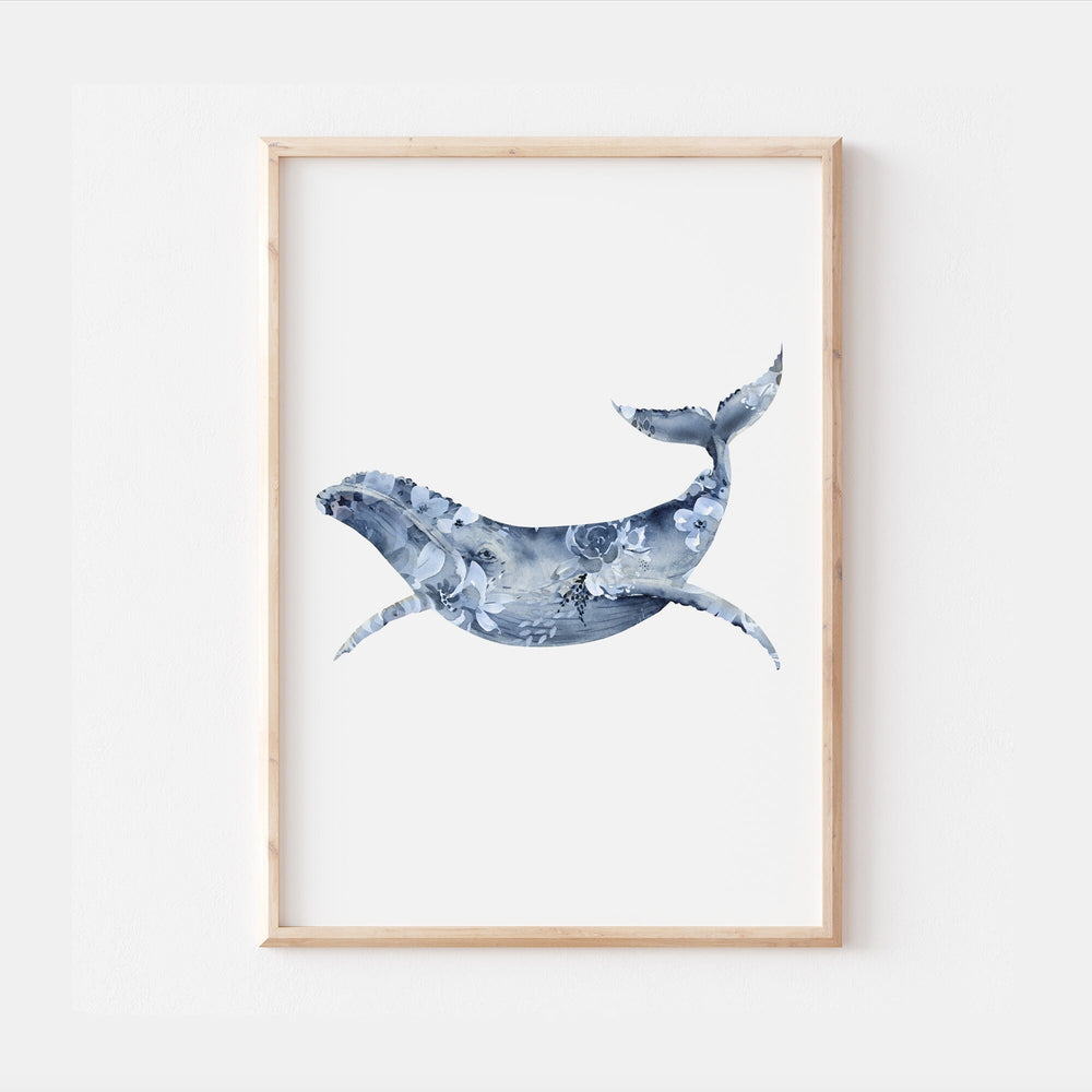 Floral Humpback Whale Print | Watercolour Ocean Marine Life Bedroom Wall Art | Kids Babies Newborn Children Nursery Decor Gift Posters