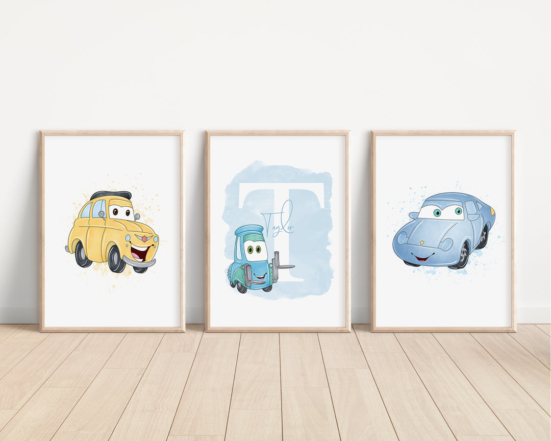 SET OF 3 Cars Personalised Prints | Lightning McQueen Mater Guido Sally Flo Bedroom Kids Children Nursery Art Wall Disney Pixar