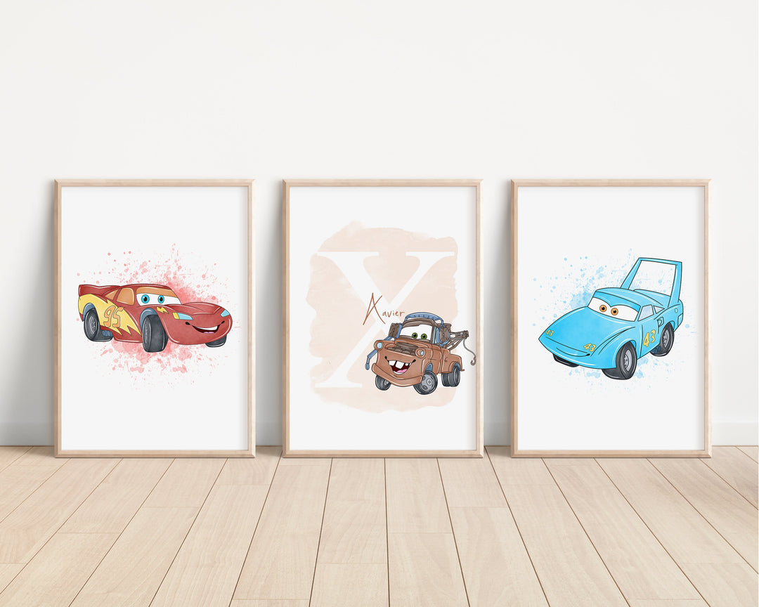 SET OF 3 Cars Personalised Prints | Lightning McQueen Mater Guido Sally Flo Bedroom Kids Children Nursery Art Wall Disney Pixar