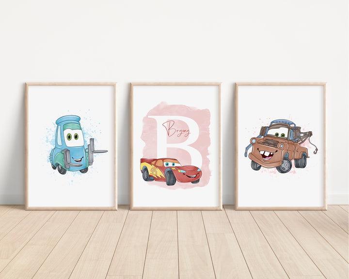 SET OF 3 Cars Personalised Prints | Lightning McQueen Mater Guido Sally Flo Bedroom Kids Children Nursery Art Wall Disney Pixar