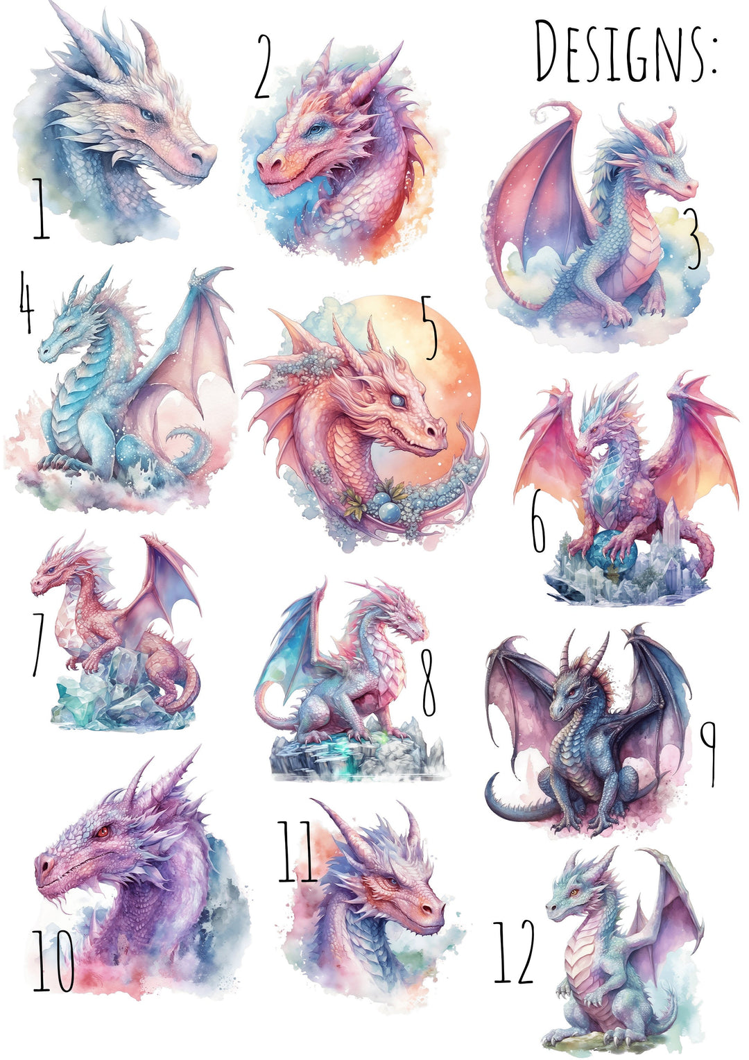 Watercolour Dragons Prints | Fairytale Mythological Illustrations | Fantasy Flying Creatures Bedroom Nursery Wall Art Decor Gifts