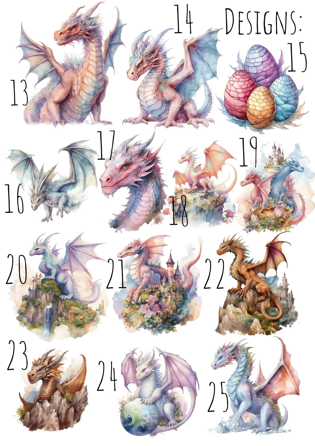 Watercolour Dragons Prints | Fairytale Mythological Illustrations | Fantasy Flying Creatures Bedroom Nursery Wall Art Decor Gifts