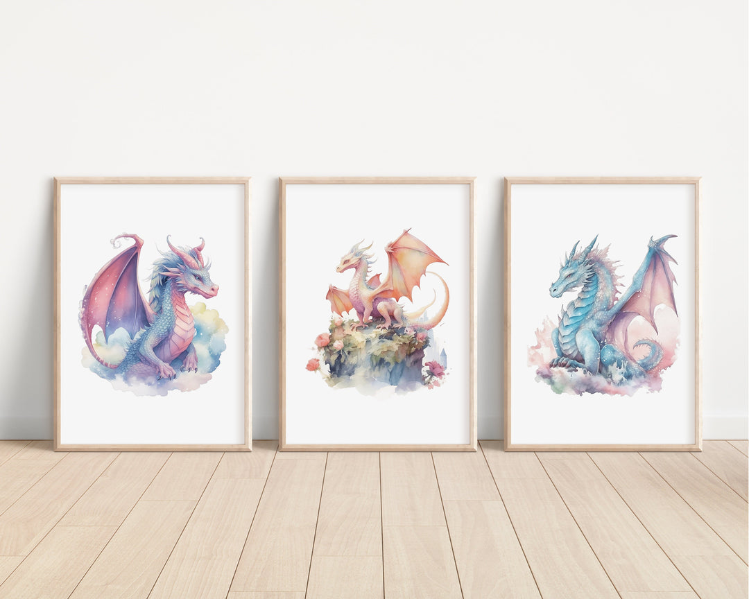 Watercolour Dragons Prints | Fairytale Mythological Illustrations | Fantasy Flying Creatures Bedroom Nursery Wall Art Decor Gifts