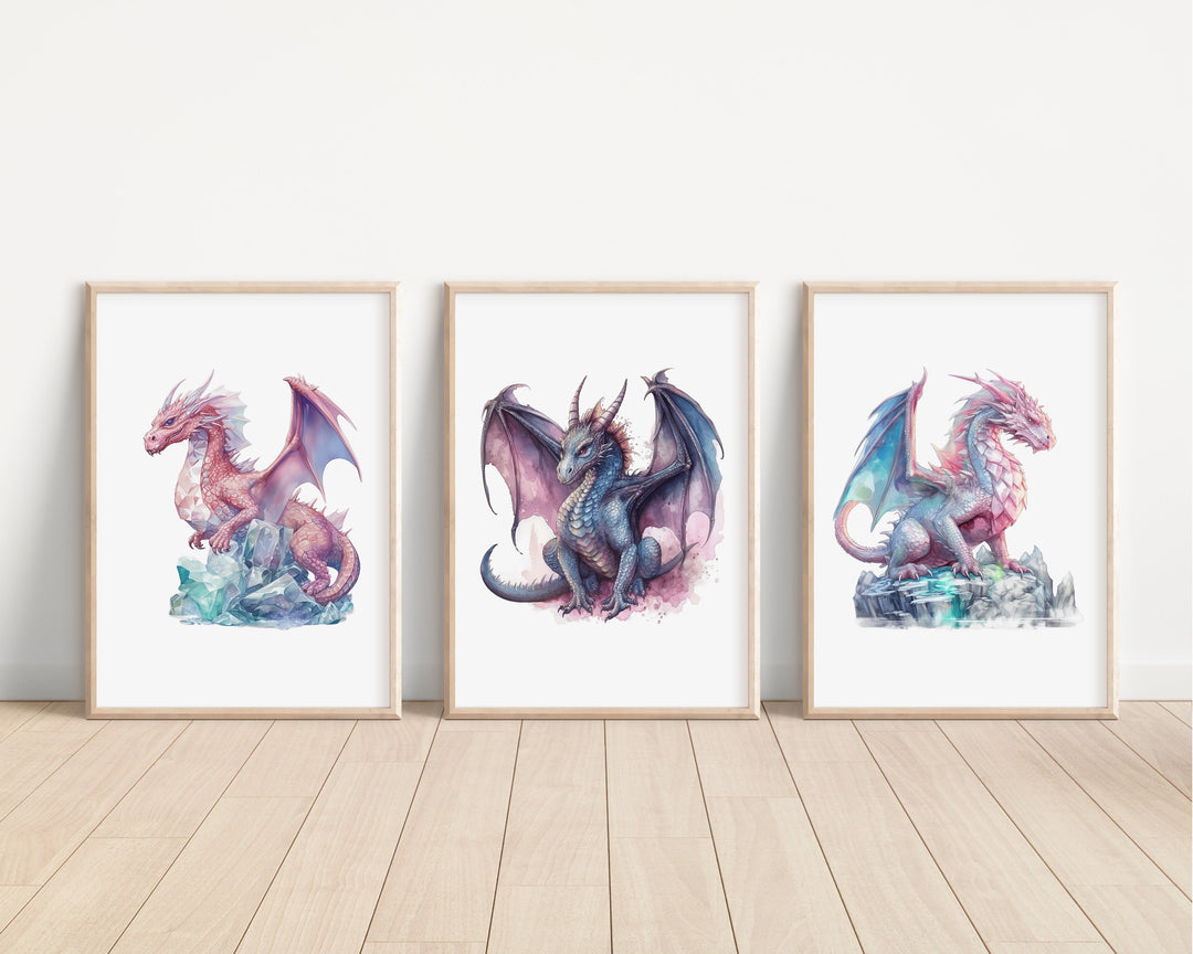 Watercolour Dragons Prints | Fairytale Mythological Illustrations | Fantasy Flying Creatures Bedroom Nursery Wall Art Decor Gifts