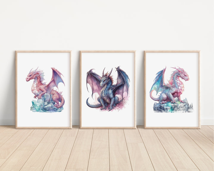 Watercolour Dragons Prints | Fairytale Mythological Illustrations | Fantasy Flying Creatures Bedroom Nursery Wall Art Decor Gifts