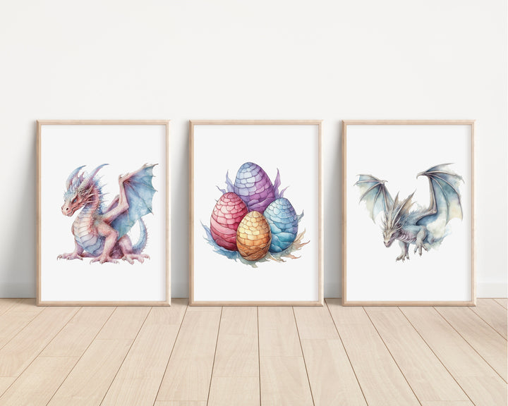 Watercolour Dragons Prints | Fairytale Mythological Illustrations | Fantasy Flying Creatures Bedroom Nursery Wall Art Decor Gifts