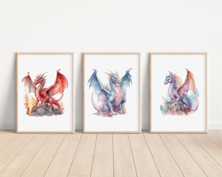 Watercolour Dragons Prints | Fairytale Mythological Illustrations | Fantasy Flying Creatures Bedroom Nursery Wall Art Decor Gifts