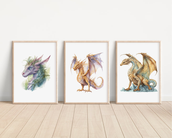 Watercolour Dragons Prints | Fairytale Mythological Illustrations | Fantasy Flying Creatures Bedroom Nursery Wall Art Decor Gifts