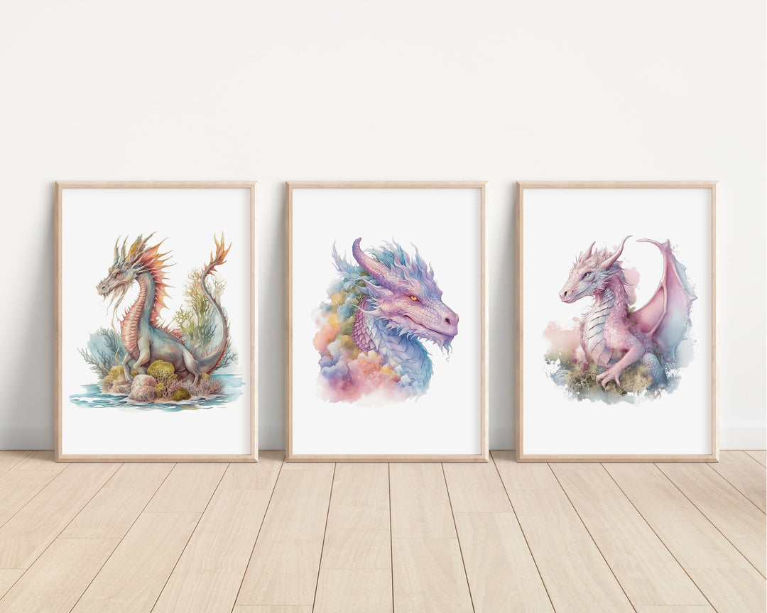 Watercolour Dragons Prints | Fairytale Mythological Illustrations | Fantasy Flying Creatures Bedroom Nursery Wall Art Decor Gifts