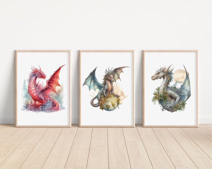 Watercolour Dragons Prints | Fairytale Mythological Illustrations | Fantasy Flying Creatures Bedroom Nursery Wall Art Decor Gifts