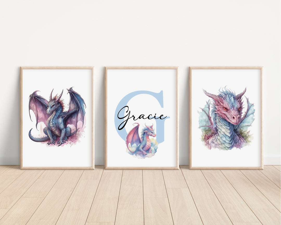 SET OF 3 Dragons Personalized Print | Mythological Creatures Bedroom Decor | Kids Fantasy Watercolour Children Nursery Bedroom Art Wall