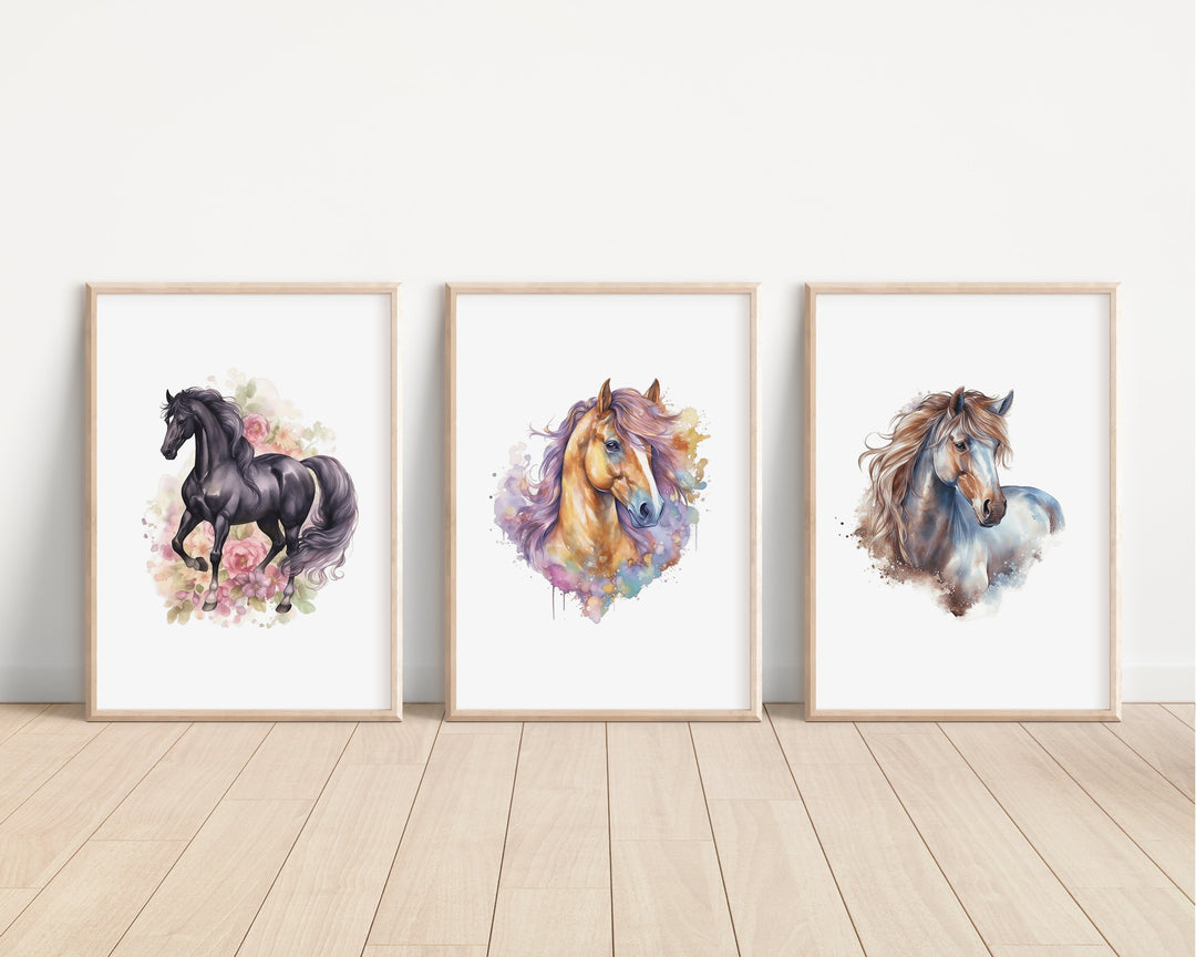 Watercolour Horse Prints | Pony Illustrations | Arabian Thoroughbred Friesian Mare Shetland Shire Bedroom Nursery Wall Art Decor Gifts