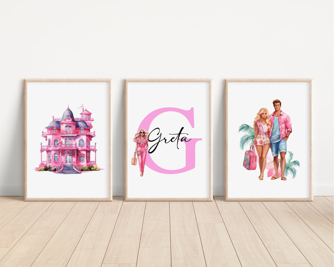 SET OF 3 Malibu Doll Personalised Prints | Ken Doll Pink Movie Bedroom Decor | Fashion Girls Pink Children Nursery Disney Pixar