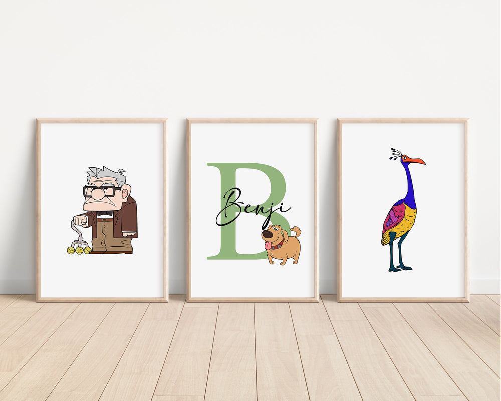 SET OF 3 UP Personalised Print | Carl Fredricksen Russell Dug Alpha Bedroom Decor | Kids Children Nursery Bedroom Art Wall Disney Pixar