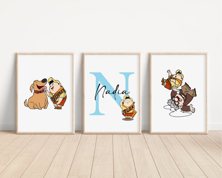 SET OF 3 UP Personalised Print | Carl Fredricksen Russell Dug Alpha Bedroom Decor | Kids Children Nursery Bedroom Art Wall Disney Pixar