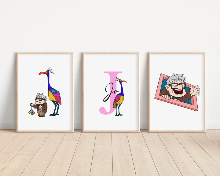 SET OF 3 UP Personalised Print | Carl Fredricksen Russell Dug Alpha Bedroom Decor | Kids Children Nursery Bedroom Art Wall Disney Pixar