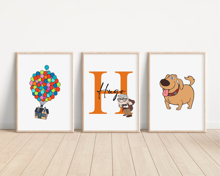 SET OF 3 UP Personalised Print | Carl Fredricksen Russell Dug Alpha Bedroom Decor | Kids Children Nursery Bedroom Art Wall Disney Pixar