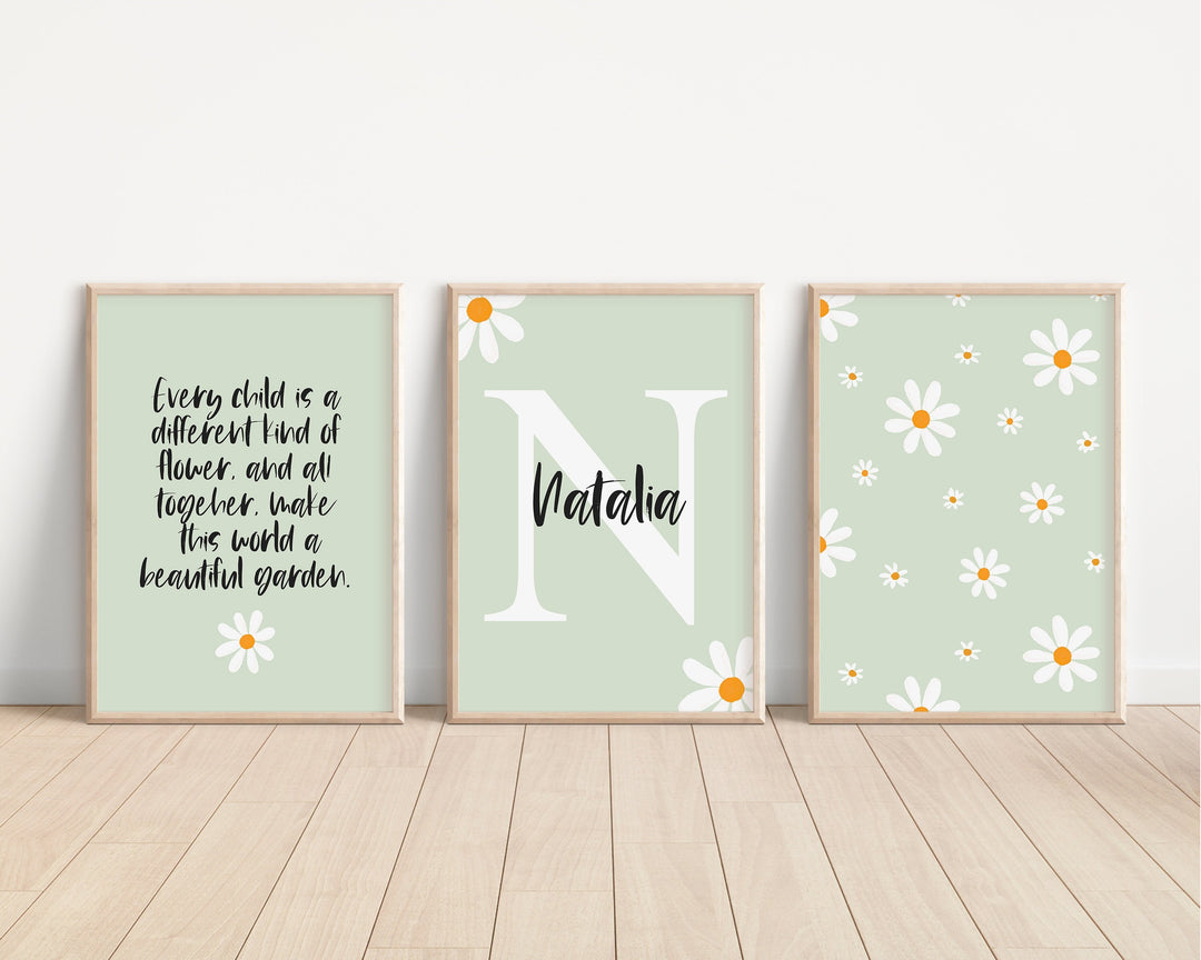 SET OF 3 Daisy Personalised Print | Flower Floral Name Quote Bedroom Decor | Girls Kids Children Nursery Bedroom Art Wall