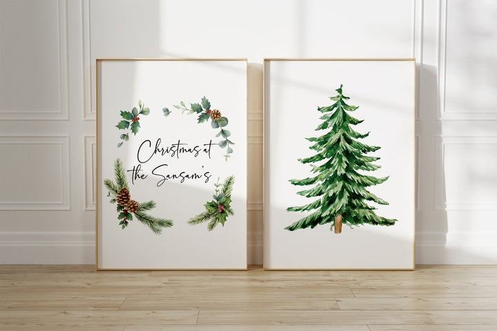 SET OF 2 Personalised Christmas Wreath & Tree Prints | Winter Santa Xmas Seasons Decor Family Day Gift Tree Family Poster Bedroom Wall Art