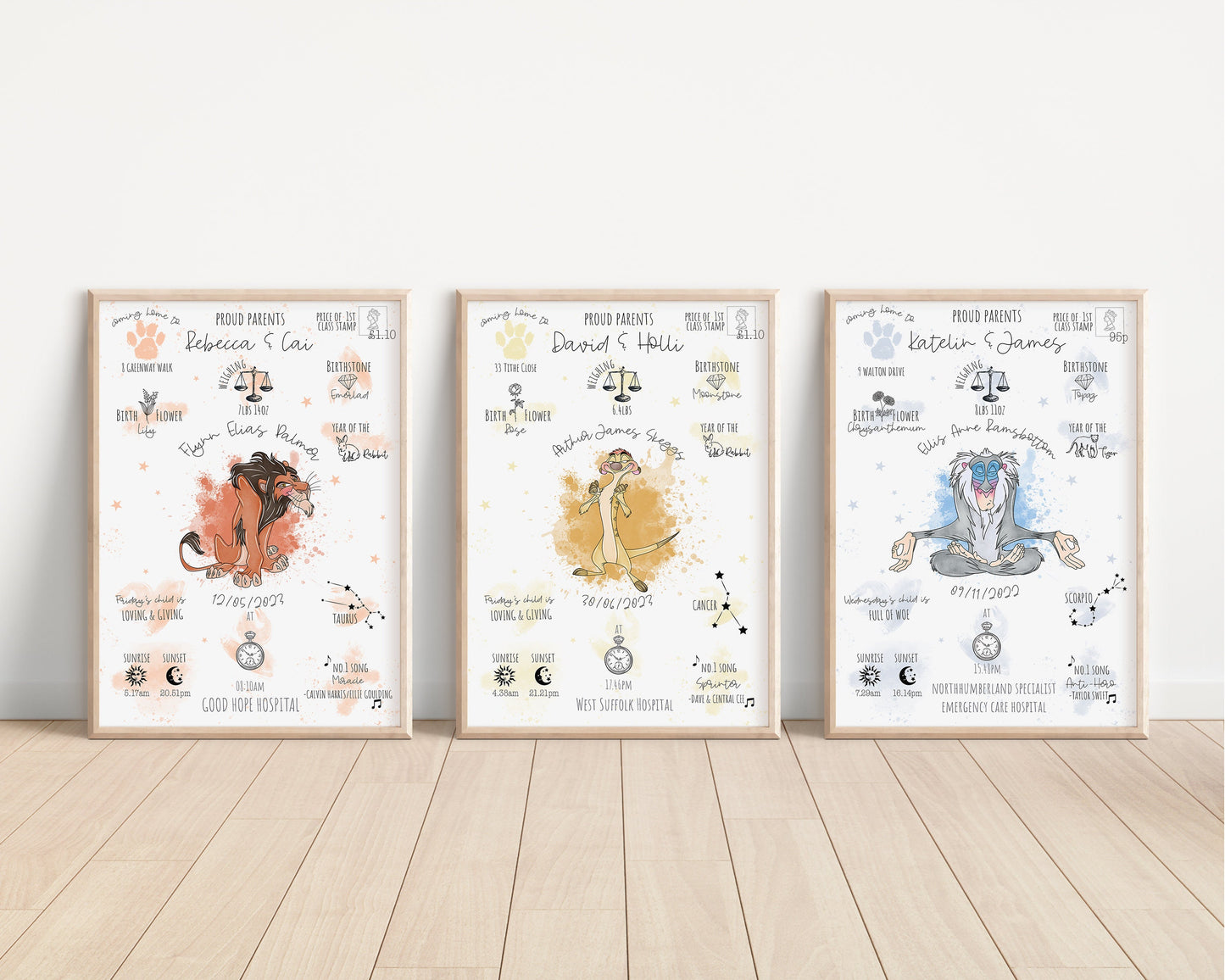 Personalised The Day You Were Born Newborn Print | The Lion King Simba Nala Mufusa Disney Watercolour Bedroom Nursery Decor Baby Gift Pixar