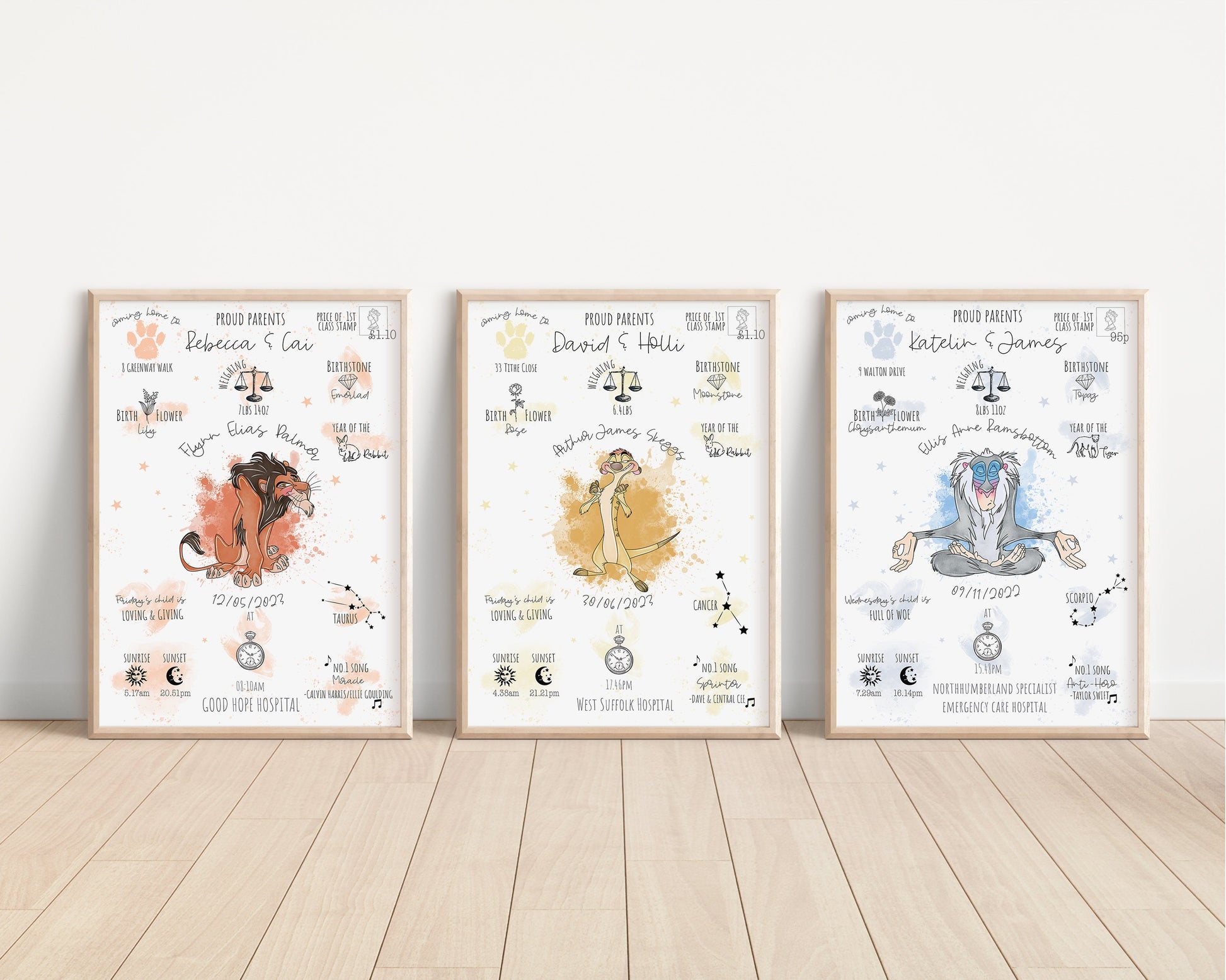 Personalised The Day You Were Born Newborn Print | The Lion King Simba Nala Mufusa Disney Watercolour Bedroom Nursery Decor Baby Gift Pixar