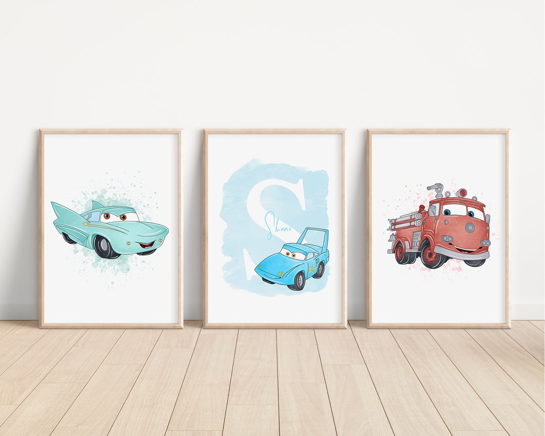 SET OF 3 Cars Personalised Prints | Lightning McQueen Mater Guido Sally Flo Bedroom Kids Children Nursery Art Wall Disney Pixar