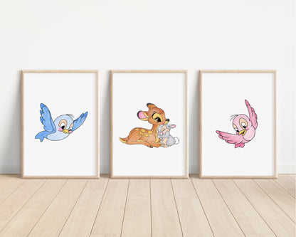 Bambi Prints | Watercolour Thumper Flower Miss Bunny Owl Bedroom Kids Children Nursery Bedroom Art Wall Disney Pixar