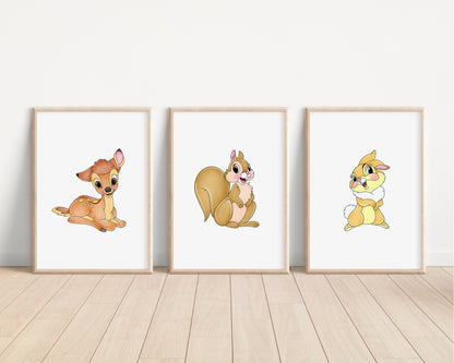 Bambi Prints | Watercolour Thumper Flower Miss Bunny Owl Bedroom Kids Children Nursery Bedroom Art Wall Disney Pixar