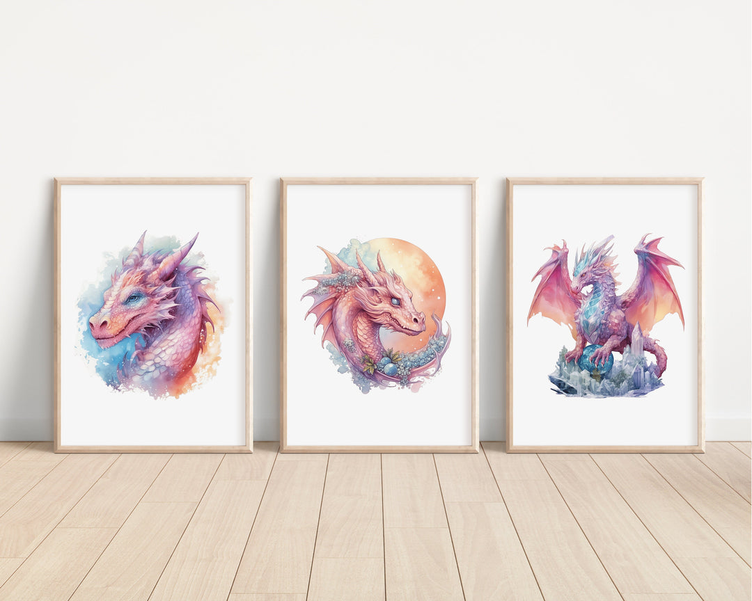 Watercolour Dragons Prints | Fairytale Mythological Illustrations | Fantasy Flying Creatures Bedroom Nursery Wall Art Decor Gifts