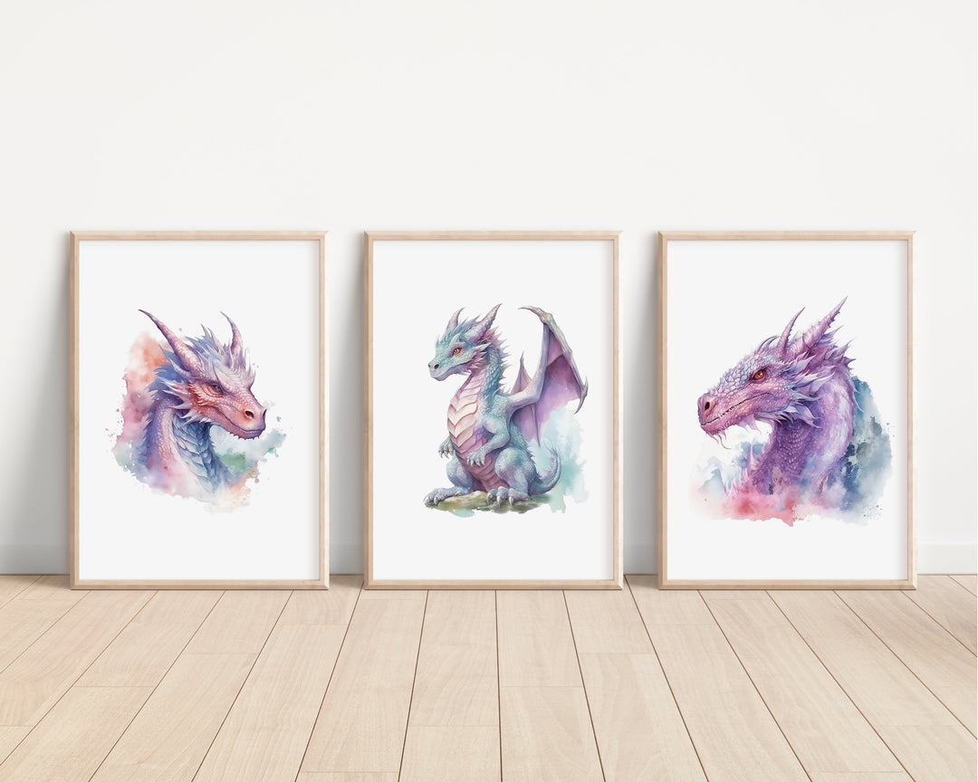 Watercolour Dragons Prints | Fairytale Mythological Illustrations | Fantasy Flying Creatures Bedroom Nursery Wall Art Decor Gifts