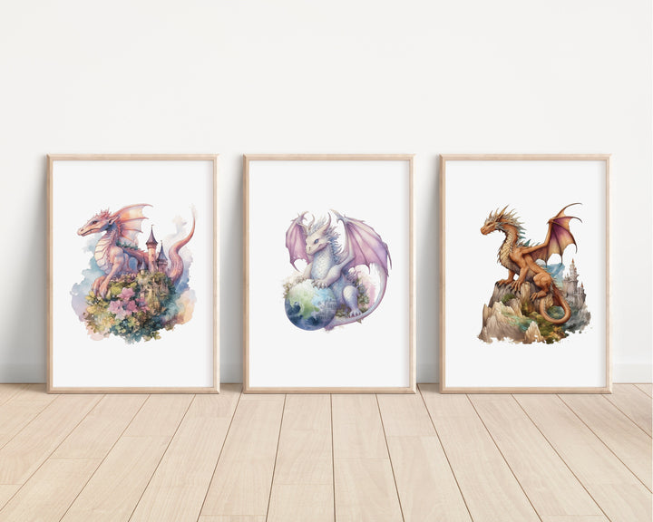 Watercolour Dragons Prints | Fairytale Mythological Illustrations | Fantasy Flying Creatures Bedroom Nursery Wall Art Decor Gifts