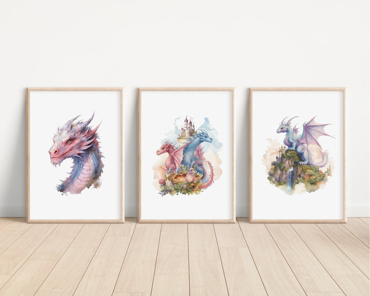 Watercolour Dragons Prints | Fairytale Mythological Illustrations | Fantasy Flying Creatures Bedroom Nursery Wall Art Decor Gifts