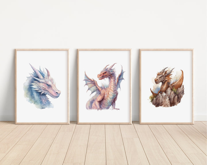 Watercolour Dragons Prints | Fairytale Mythological Illustrations | Fantasy Flying Creatures Bedroom Nursery Wall Art Decor Gifts