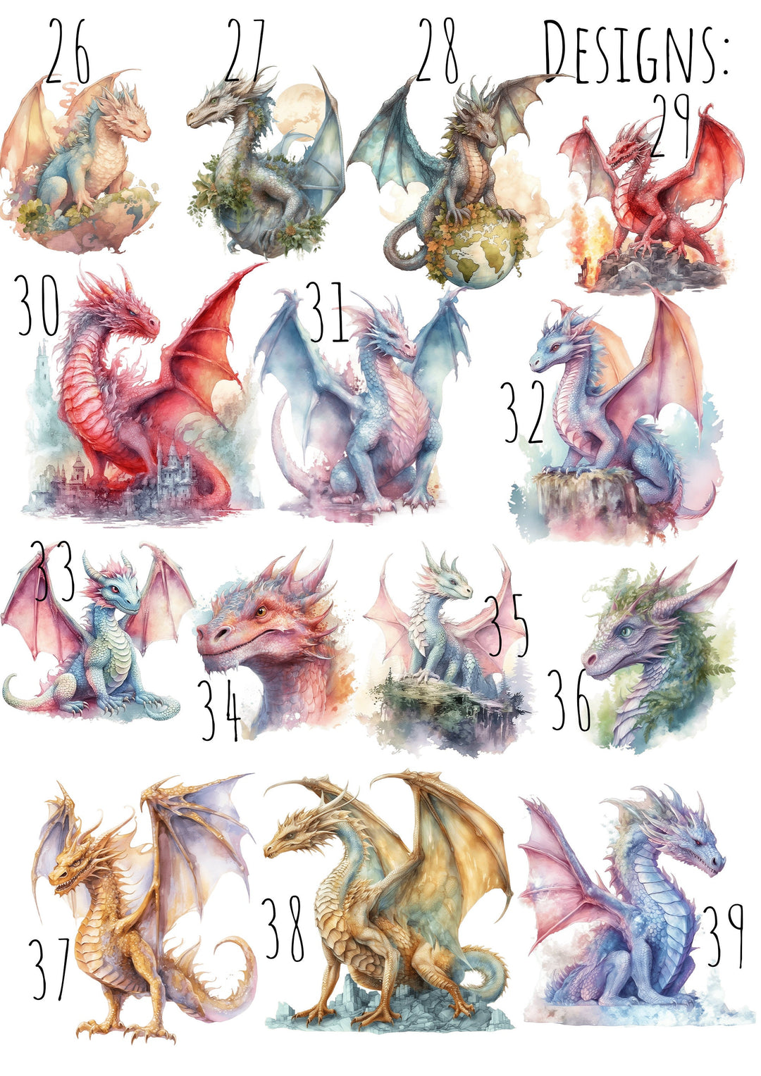 Watercolour Dragons Prints | Fairytale Mythological Illustrations | Fantasy Flying Creatures Bedroom Nursery Wall Art Decor Gifts