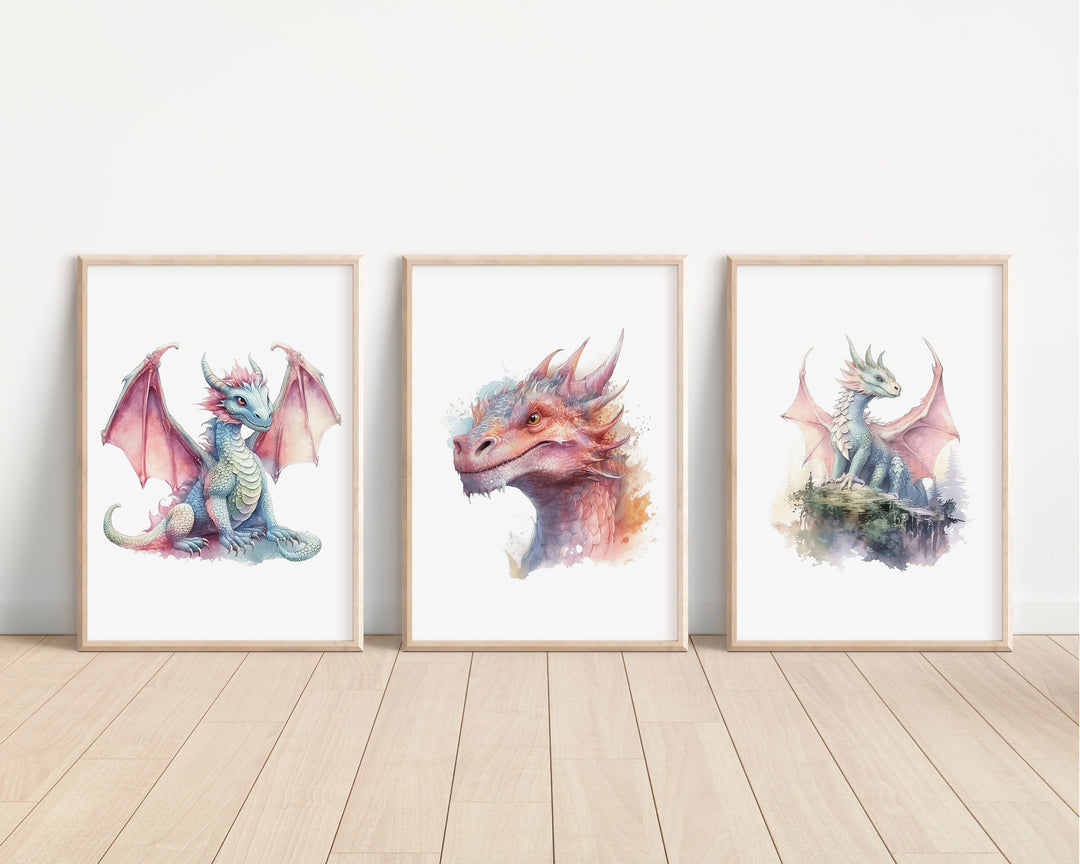 Watercolour Dragons Prints | Fairytale Mythological Illustrations | Fantasy Flying Creatures Bedroom Nursery Wall Art Decor Gifts