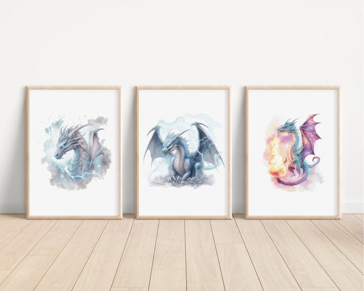 Watercolour Dragons Prints | Fairytale Mythological Illustrations | Fantasy Flying Creatures Bedroom Nursery Wall Art Decor Gifts