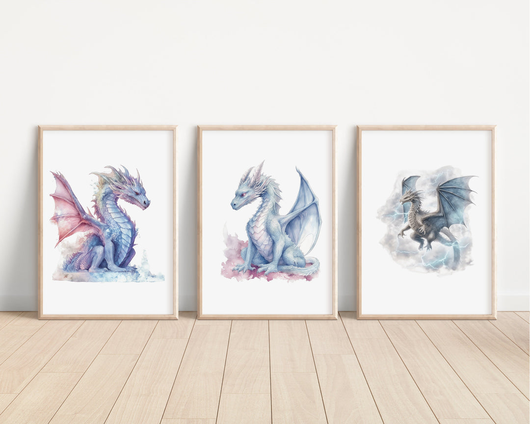 Watercolour Dragons Prints | Fairytale Mythological Illustrations | Fantasy Flying Creatures Bedroom Nursery Wall Art Decor Gifts