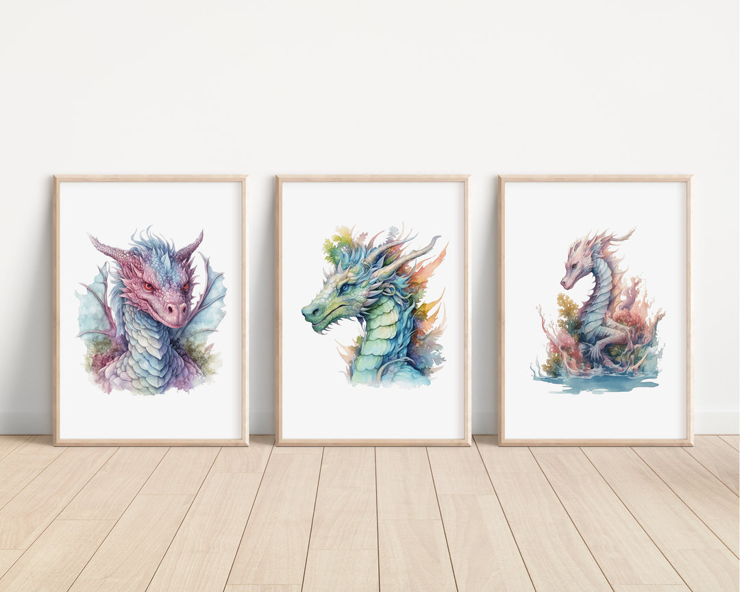 Watercolour Dragons Prints | Fairytale Mythological Illustrations | Fantasy Flying Creatures Bedroom Nursery Wall Art Decor Gifts