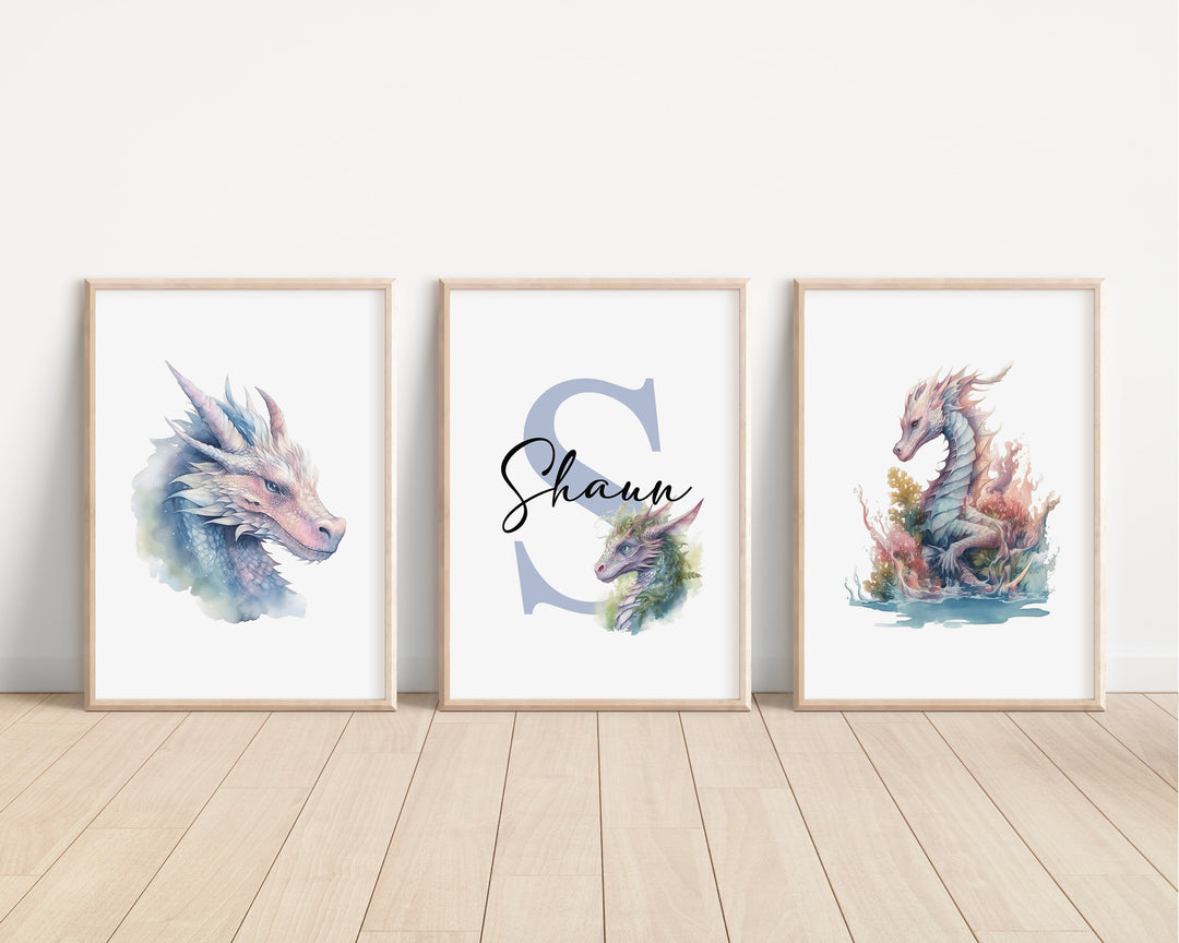 SET OF 3 Dragons Personalized Print | Mythological Creatures Bedroom Decor | Kids Fantasy Watercolour Children Nursery Bedroom Art Wall