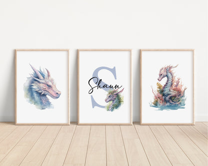 SET OF 3 Dragons Personalized Print | Mythological Creatures Bedroom Decor | Kids Fantasy Watercolour Children Nursery Bedroom Art Wall