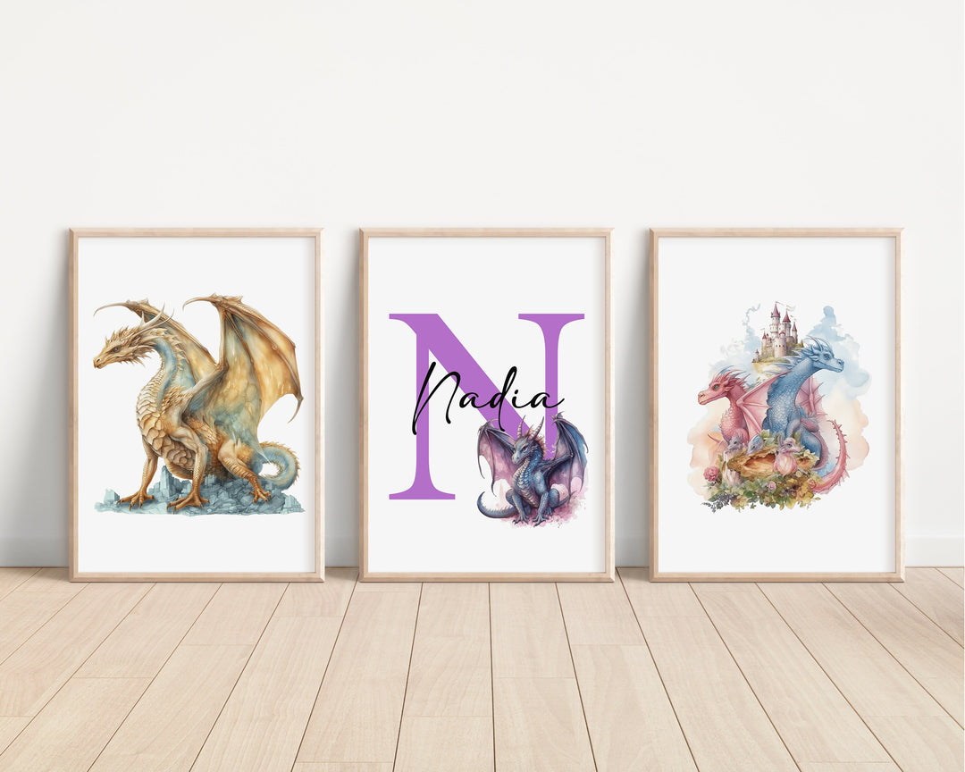 SET OF 3 Dragons Personalized Print | Mythological Creatures Bedroom Decor | Kids Fantasy Watercolour Children Nursery Bedroom Art Wall