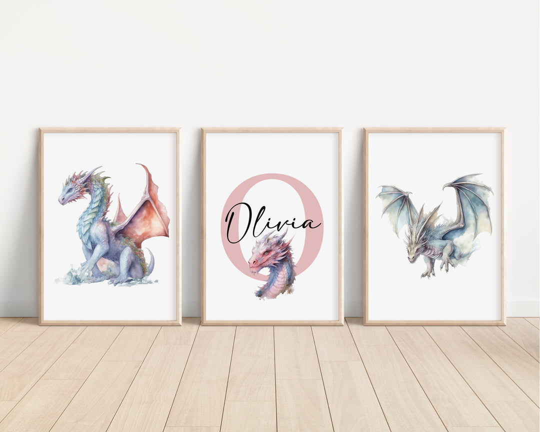 SET OF 3 Dragons Personalized Print | Mythological Creatures Bedroom Decor | Kids Fantasy Watercolour Children Nursery Bedroom Art Wall