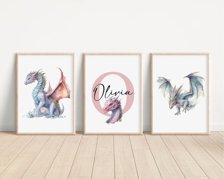 SET OF 3 Dragons Personalized Print | Mythological Creatures Bedroom Decor | Kids Fantasy Watercolour Children Nursery Bedroom Art Wall