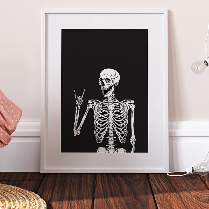 Skeleton Peace Out Print | Black and White Skull Pink Quote Art | Gothic Emo Death Cute Living Room Wall Art Decor | Poster Halloween Home