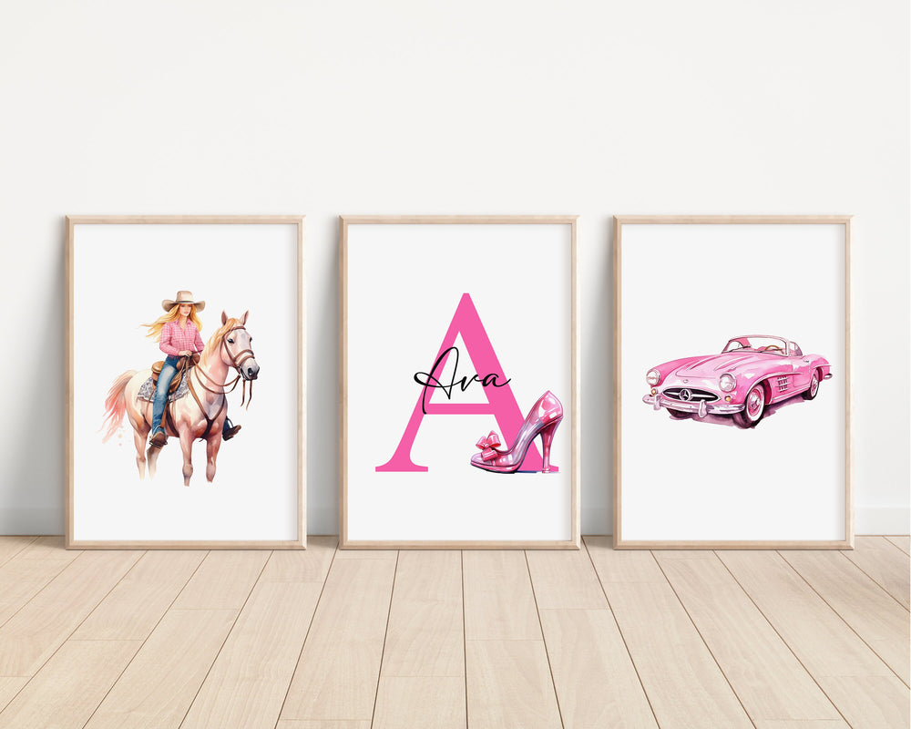 SET OF 3 Malibu Doll Personalised Prints | Ken Doll Pink Movie Bedroom Decor | Fashion Girls Pink Children Nursery Disney Pixar