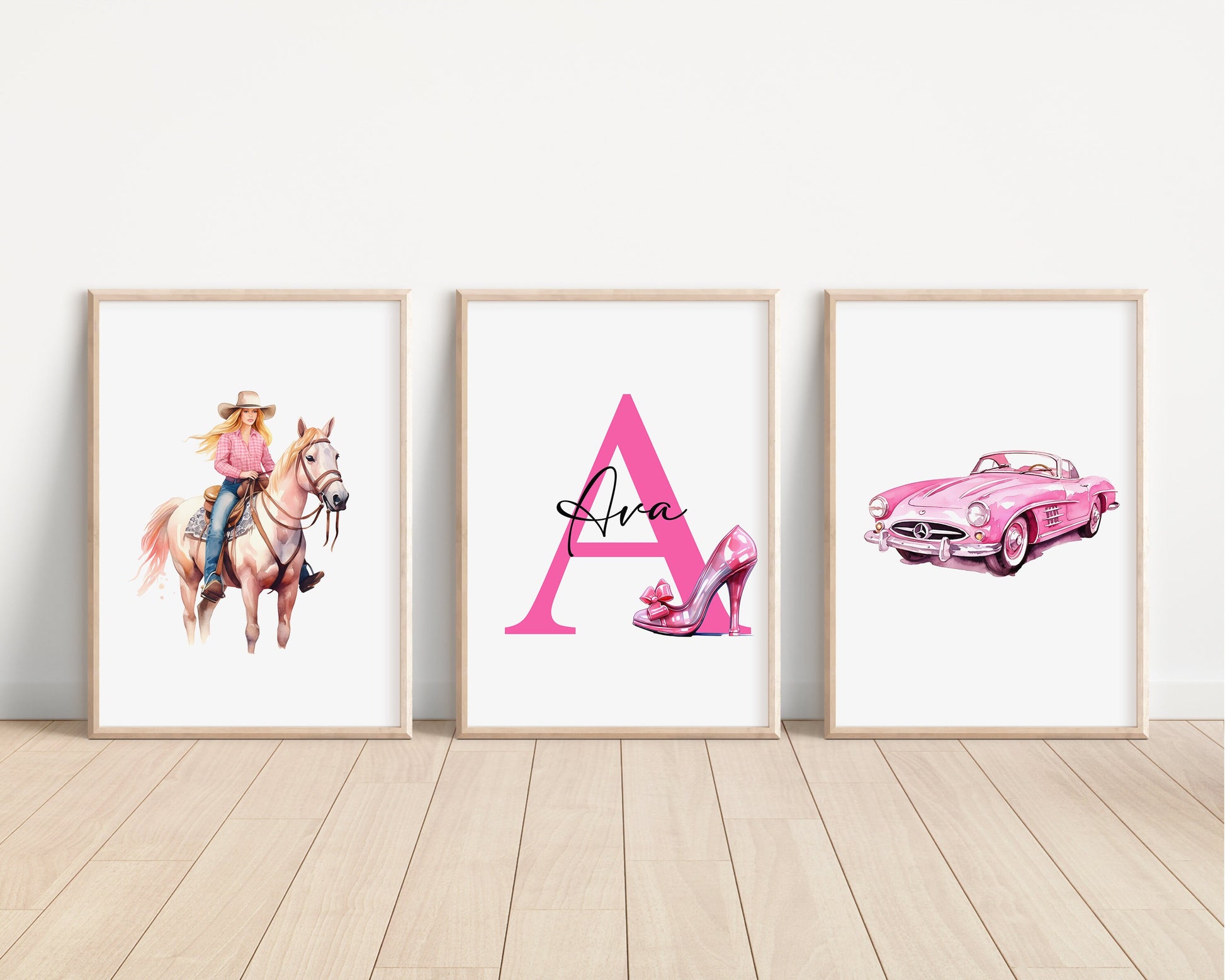 SET OF 3 Malibu Doll Personalised Prints | Ken Doll Pink Movie Bedroom Decor | Fashion Girls Pink Children Nursery Disney Pixar