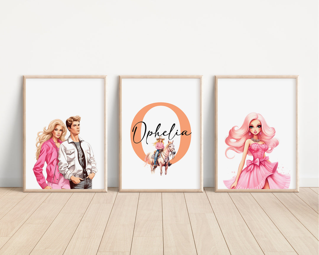 SET OF 3 Malibu Doll Personalised Prints | Ken Doll Pink Movie Bedroom Decor | Fashion Girls Pink Children Nursery Disney Pixar